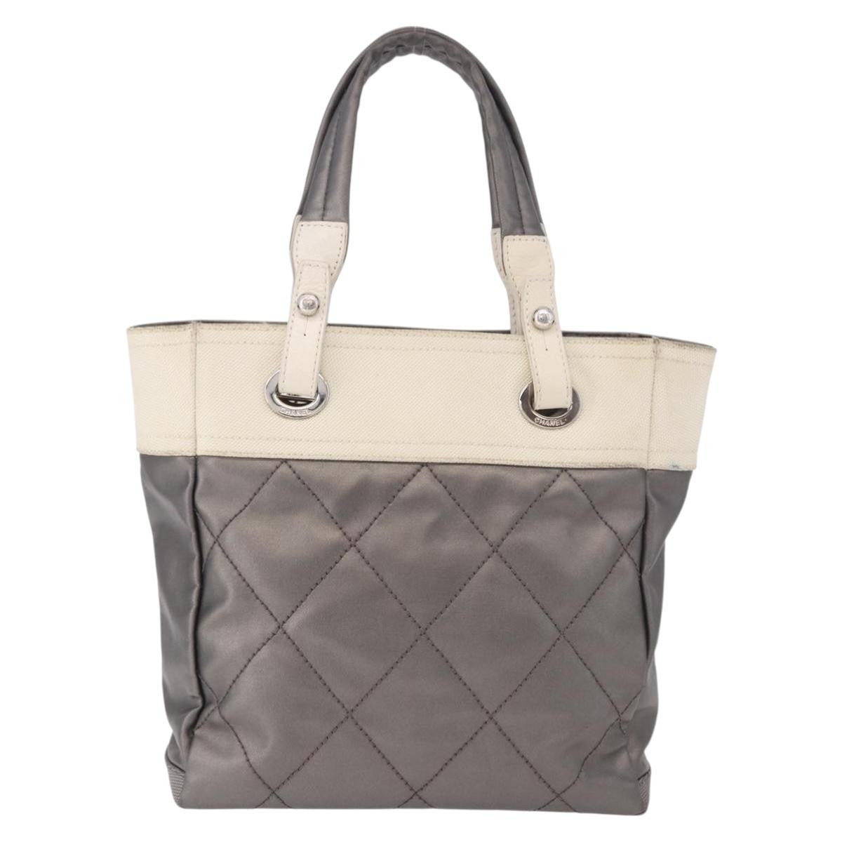 Chanel Biarritz Quilted Canvas Gray Canvas Tote Bag Bag (Pre-Owned)