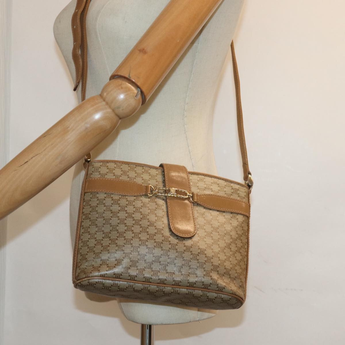 Celine Vintage Macadam Canvas And Leather Beige Canvas Shoulder Bag Bag (Pre-Owned)