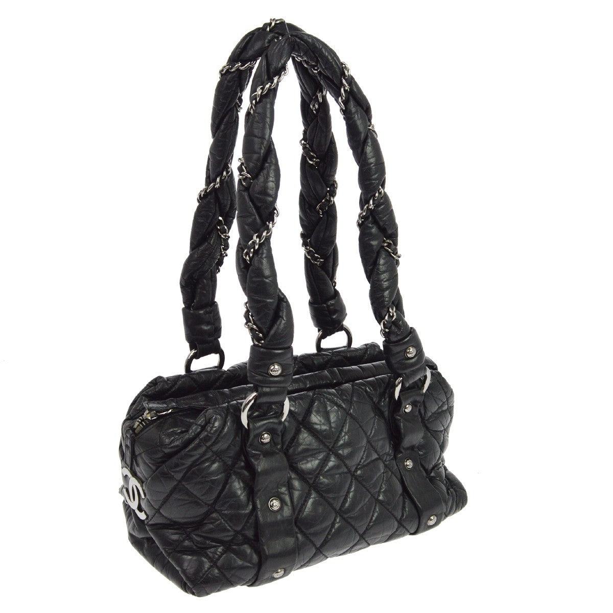 Chanel Lady Braid Bowler Quilted Distressed Calfskin Black Leather Handbag (Pre-Owned)