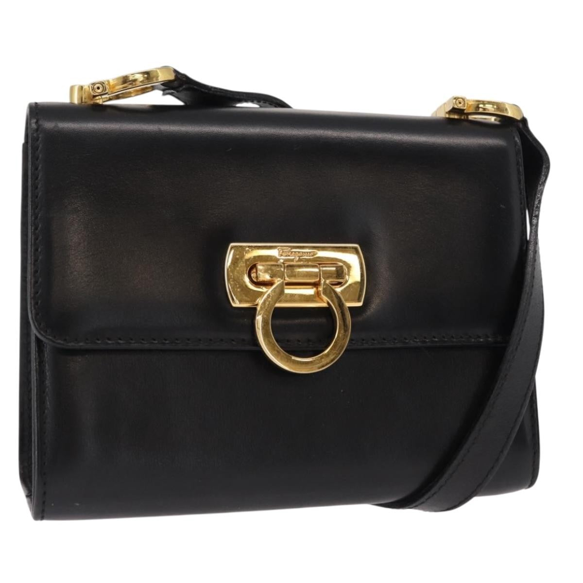 Salvatore Ferragamo Gancini Flap Leather Black Leather Shoulder Bag Bag (Pre-Owned)