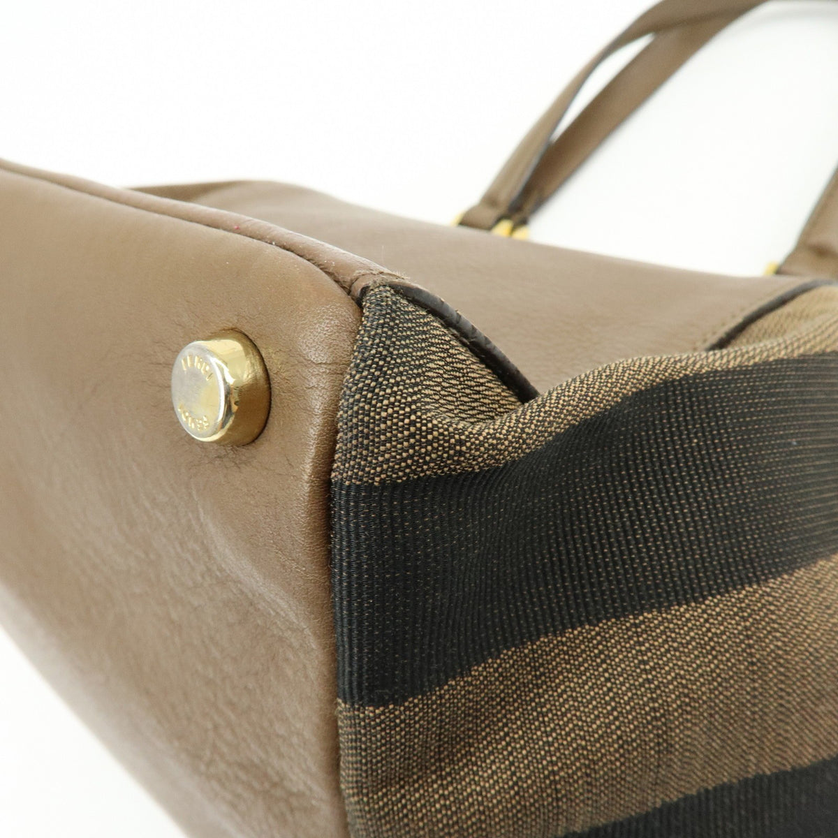 Fendi Boxy Leather With Pequin Canvas Brown Leather Tote Bag Bag (Pre-Owned)