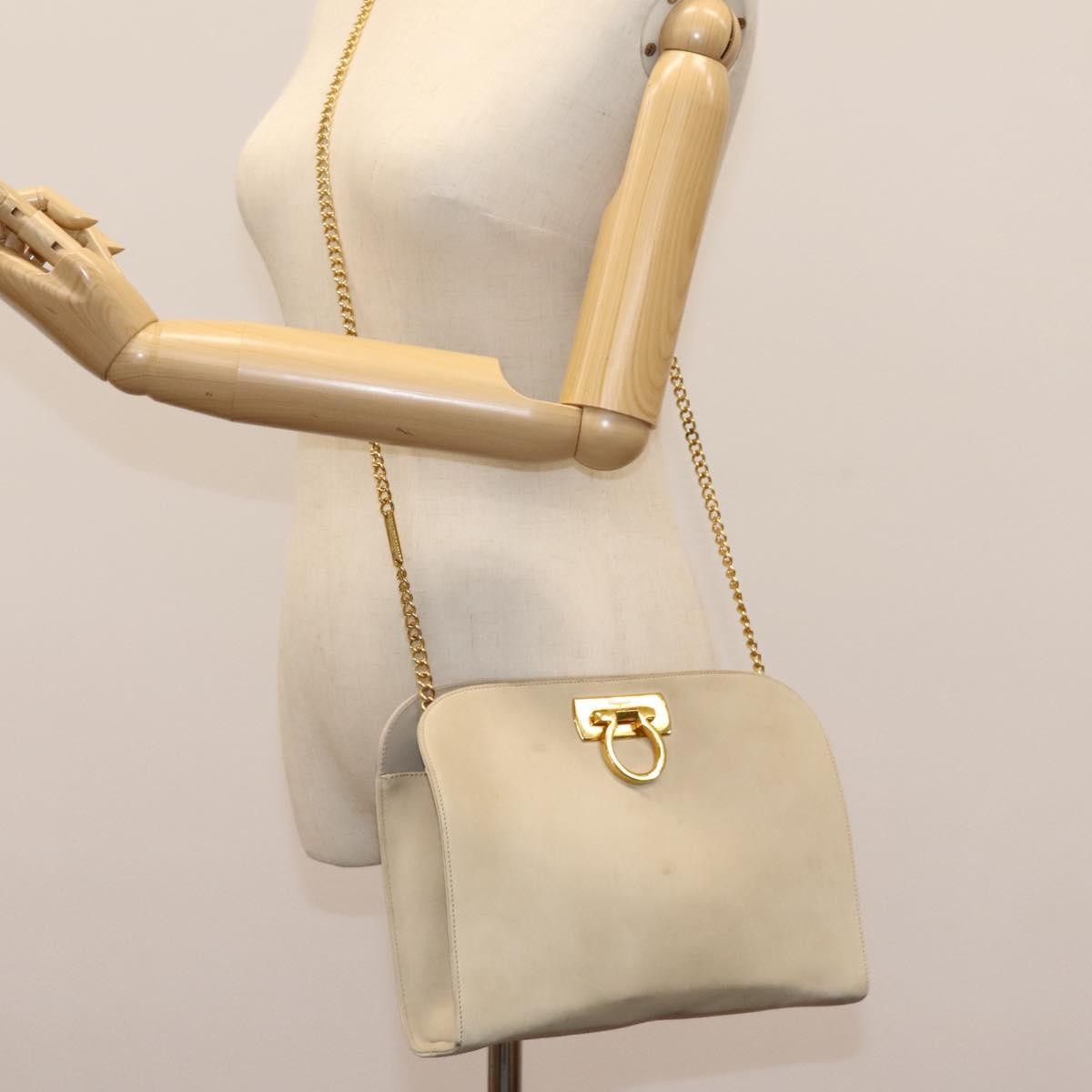 Salvatore Ferragamo Chain Gancini Jacquard With Studded Leather Beige Suede Shoulder Bag Bag (Pre-Owned)