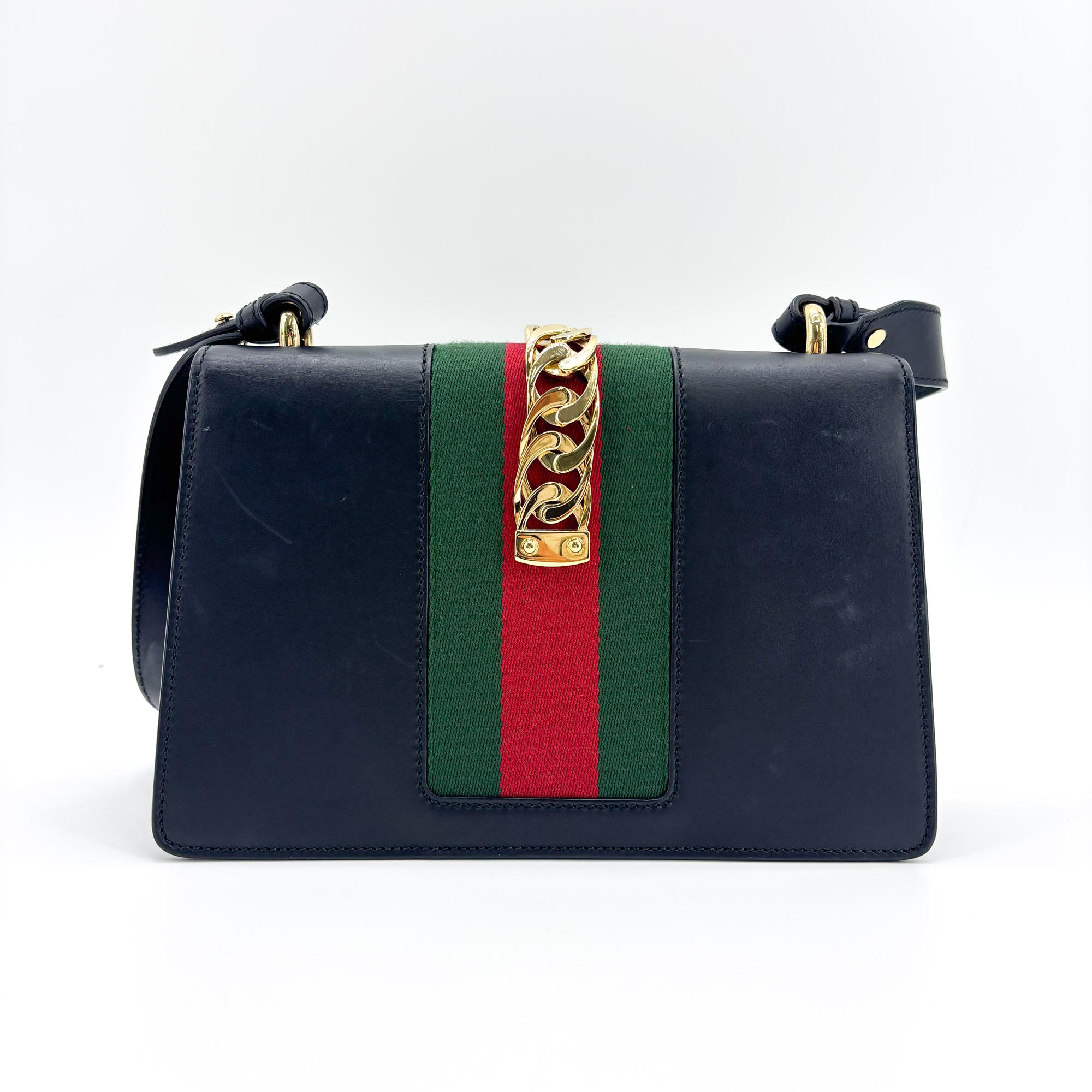 Gucci Sylvie Leather Navy Leather Shoulder Bag Bag (Pre-Owned)