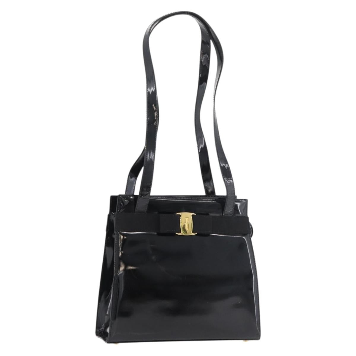 Salvatore Ferragamo Vala Patent Leather Black Patent_Leather Handbag (Pre-Owned)
