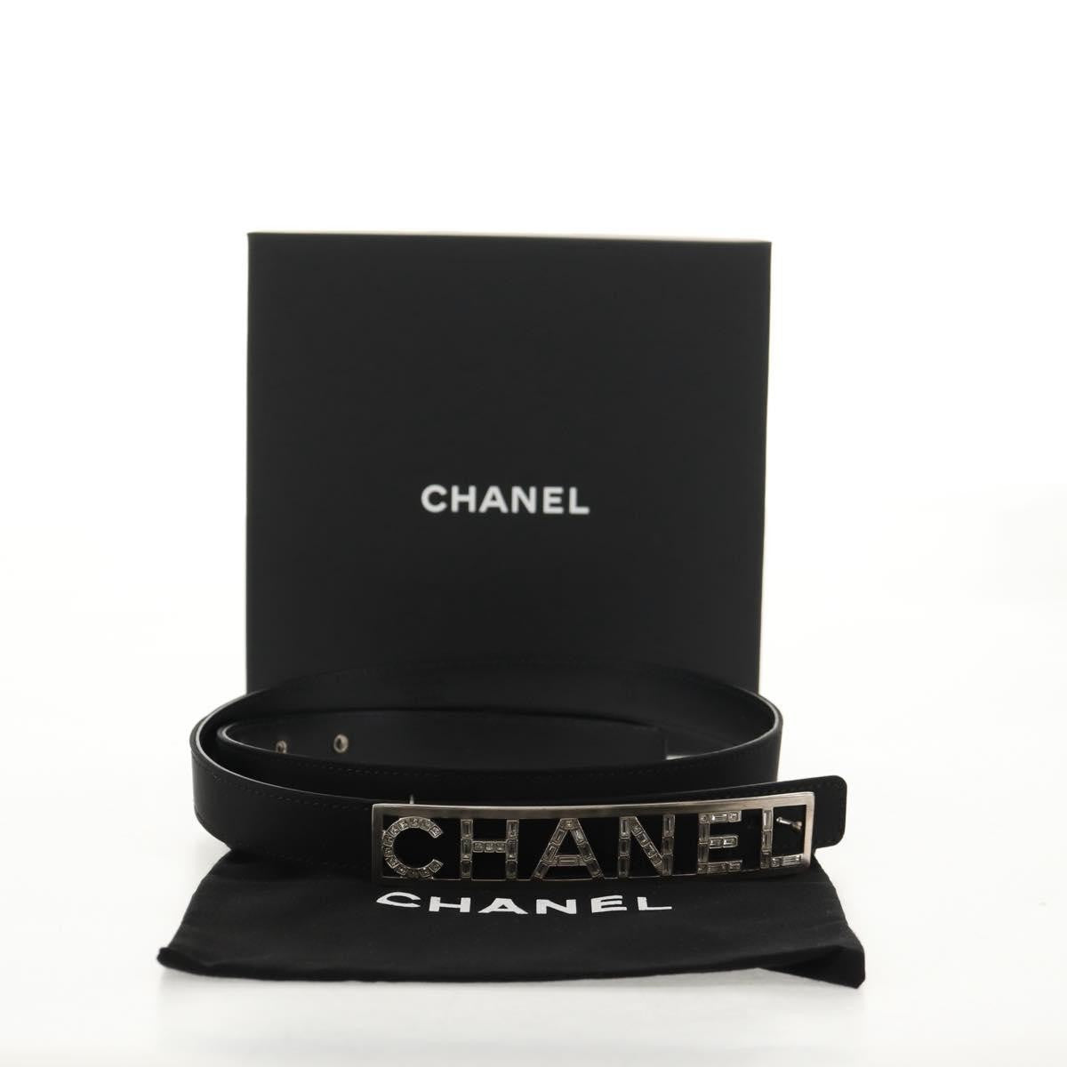 Chanel Logo Belt Leather With Metal And Crystals Black Leather Belts Accessory (Pre-Owned)