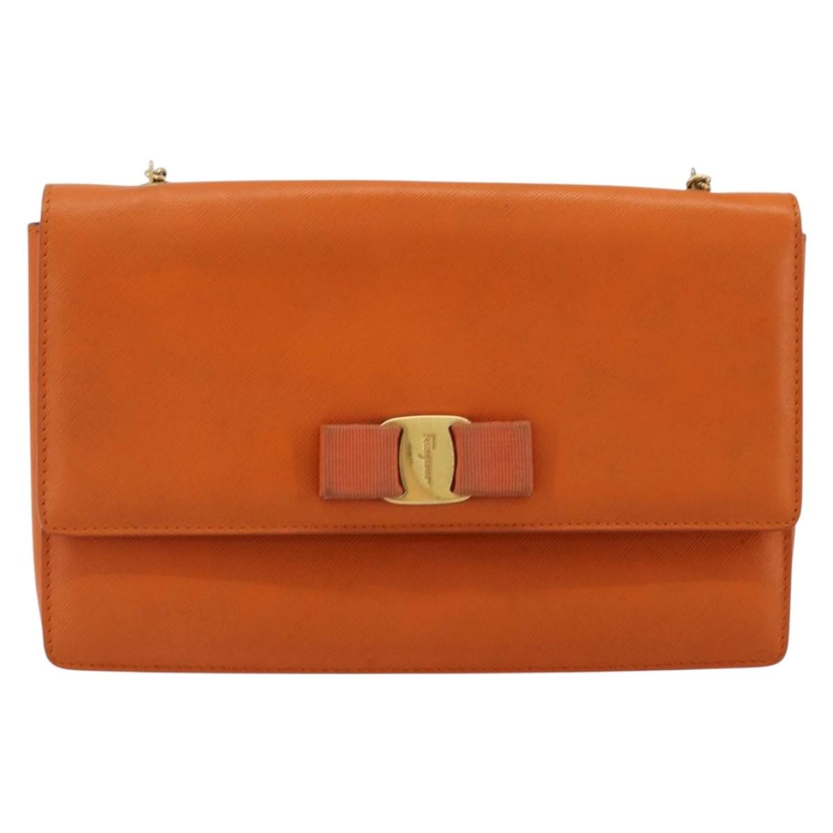 Salvatore Ferragamo Vara Bow Chain Clutch Leather Orange Leather Shoulder Bag Bag (Pre-Owned)