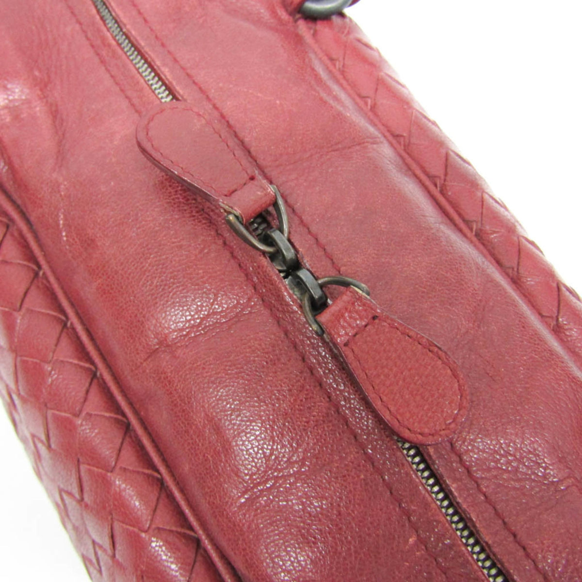 Bottega Veneta Zip Boston Intrecciato Nappa Red Leather Handbag (Pre-Owned)