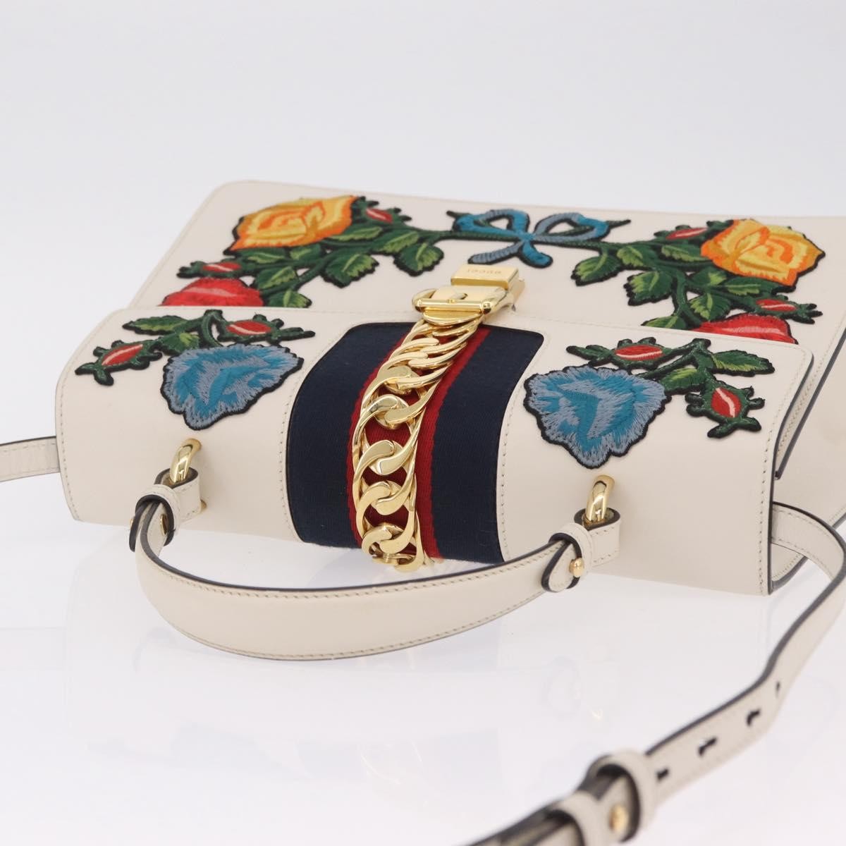Gucci Sylvie Top Handle Embroidered Leather White Leather Handbag (Pre-Owned)