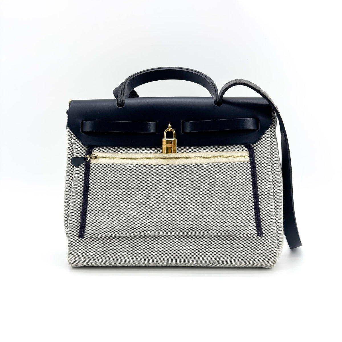 Hermes Herbag Zip Circuit 24 Vache Hunter And Leather White Canvas Handbag (Pre-Owned)