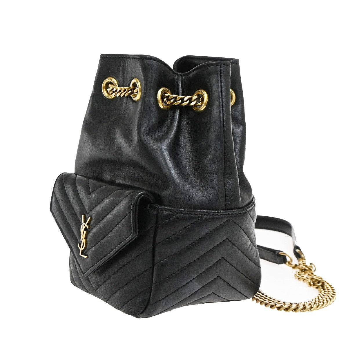 Saint Laurent Joe Bucket Matelasse Chevron Leather Black Leather Handbag (Pre-Owned)