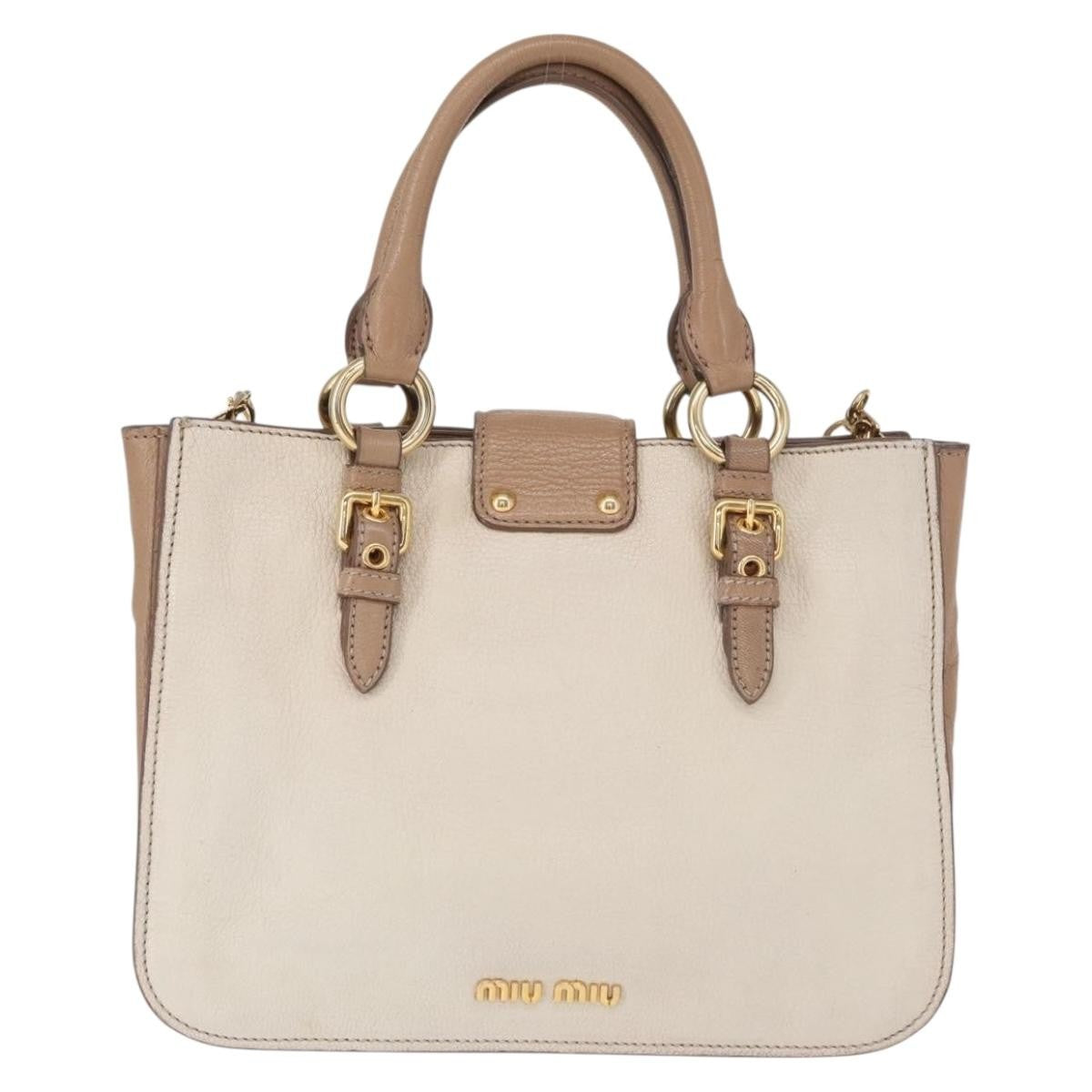 Miu Miu Madras Convertible Lock Tote Leather Beige Leather Handbag (Pre-Owned)
