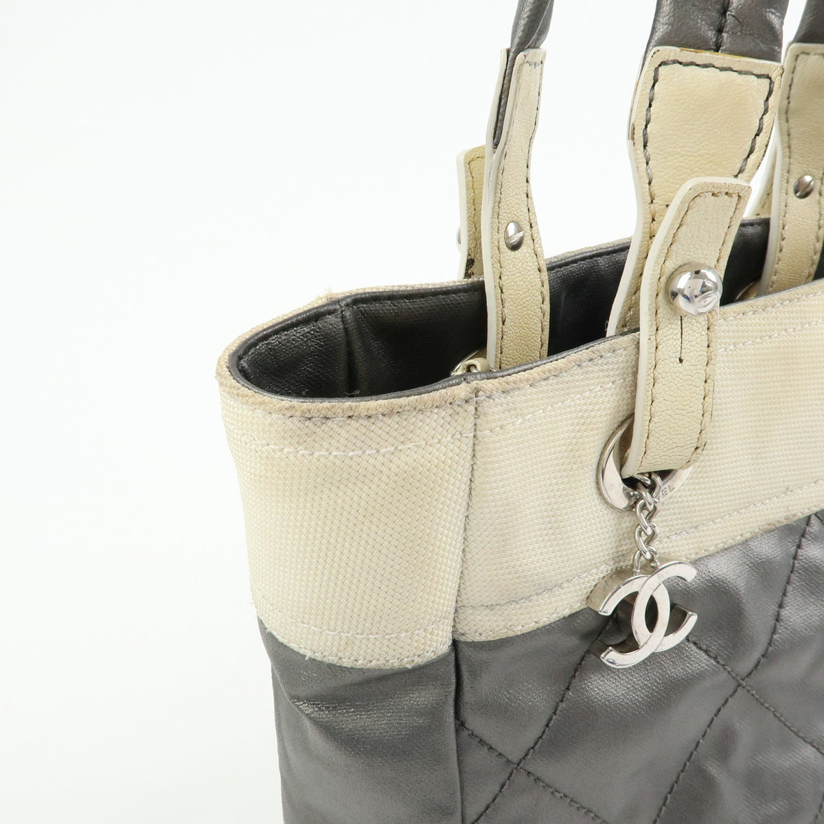 Chanel Biarritz Quilted Coated Canvas Gray Canvas Tote Bag Bag (Pre-Owned)