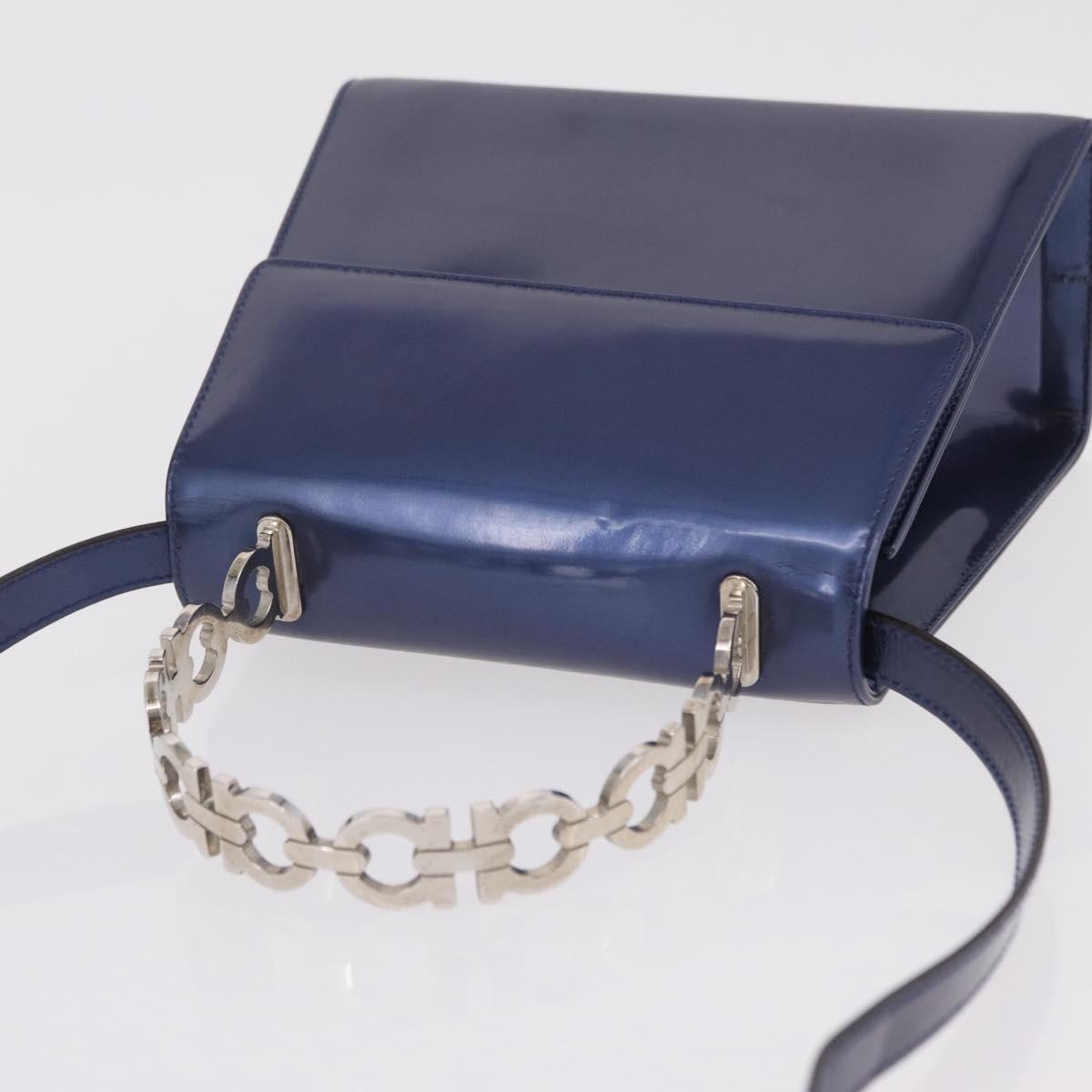 Salvatore Ferragamo Gancini Envelope Top Handle Leather Navy Patent_Leather Handbag (Pre-Owned)