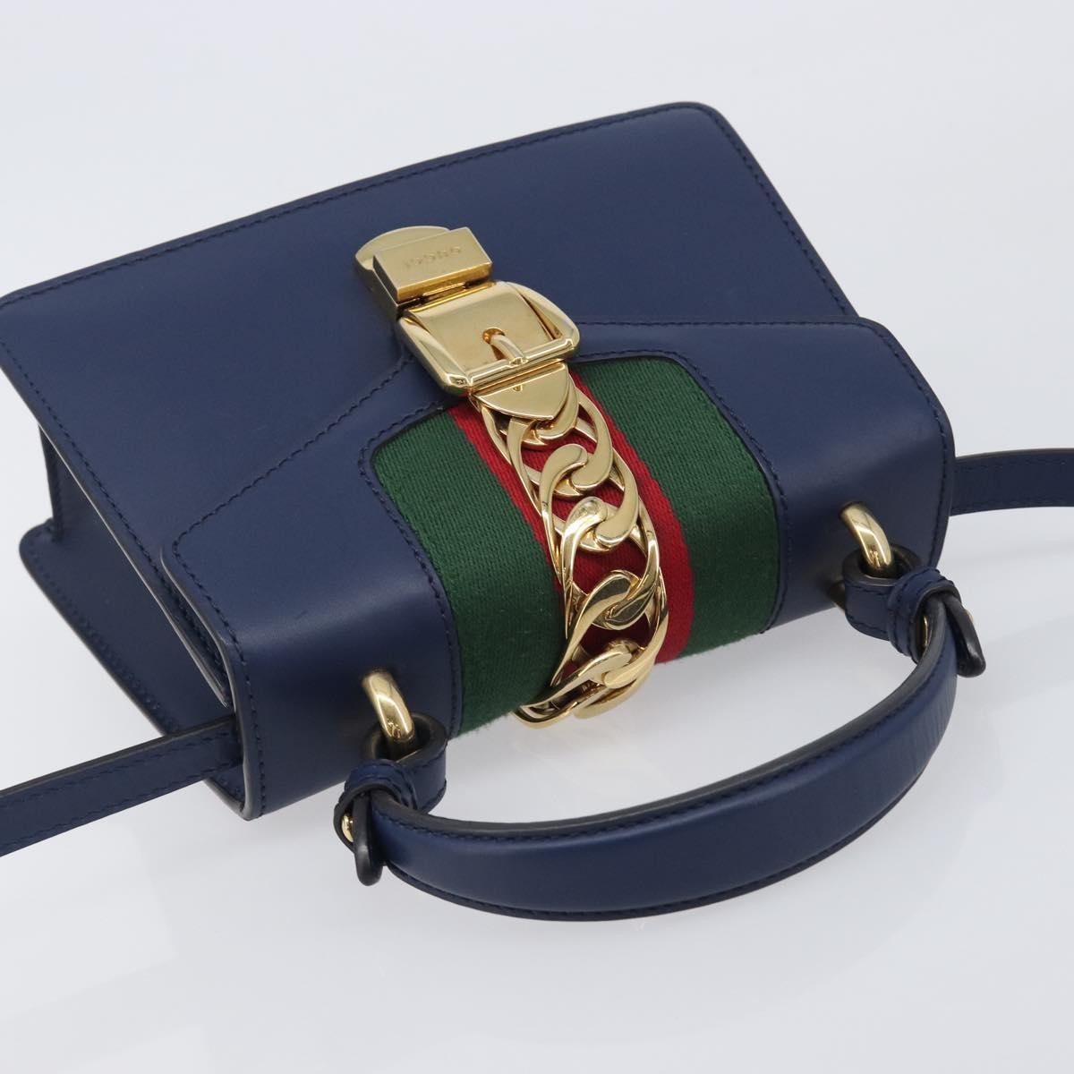 Gucci Sylvie Top Handle Leather Navy Leather Handbag (Pre-Owned)