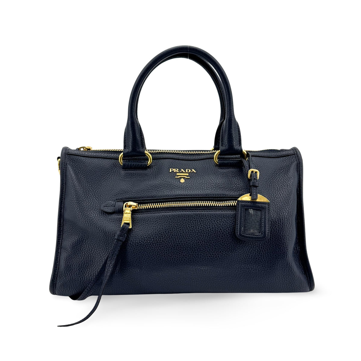Prada Front Zip Convertible Satchel Vitello Phenix Navy Leather Handbag (Pre-Owned)