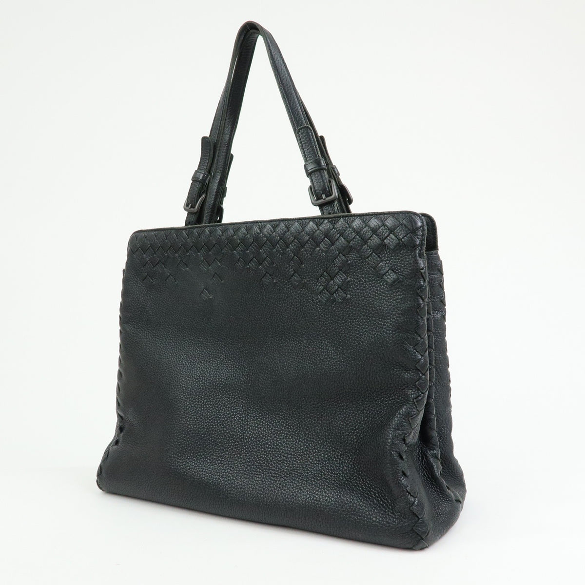 Bottega Veneta A-Shape Leather With Intrecciato Detail Black Leather Tote Bag Bag (Pre-Owned)