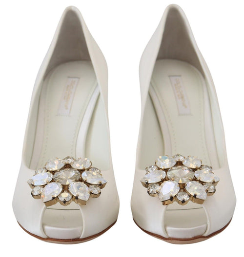 Dolce & Gabbana Crystal-Embellished White Peep Toe Women's Heels