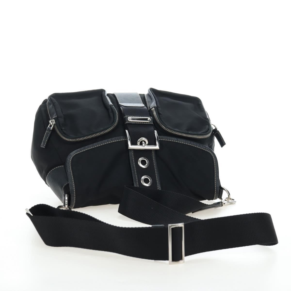 Prada Double Pocket Buckle Flap Tessuto And Leather Black Nylon Handbag (Pre-Owned)