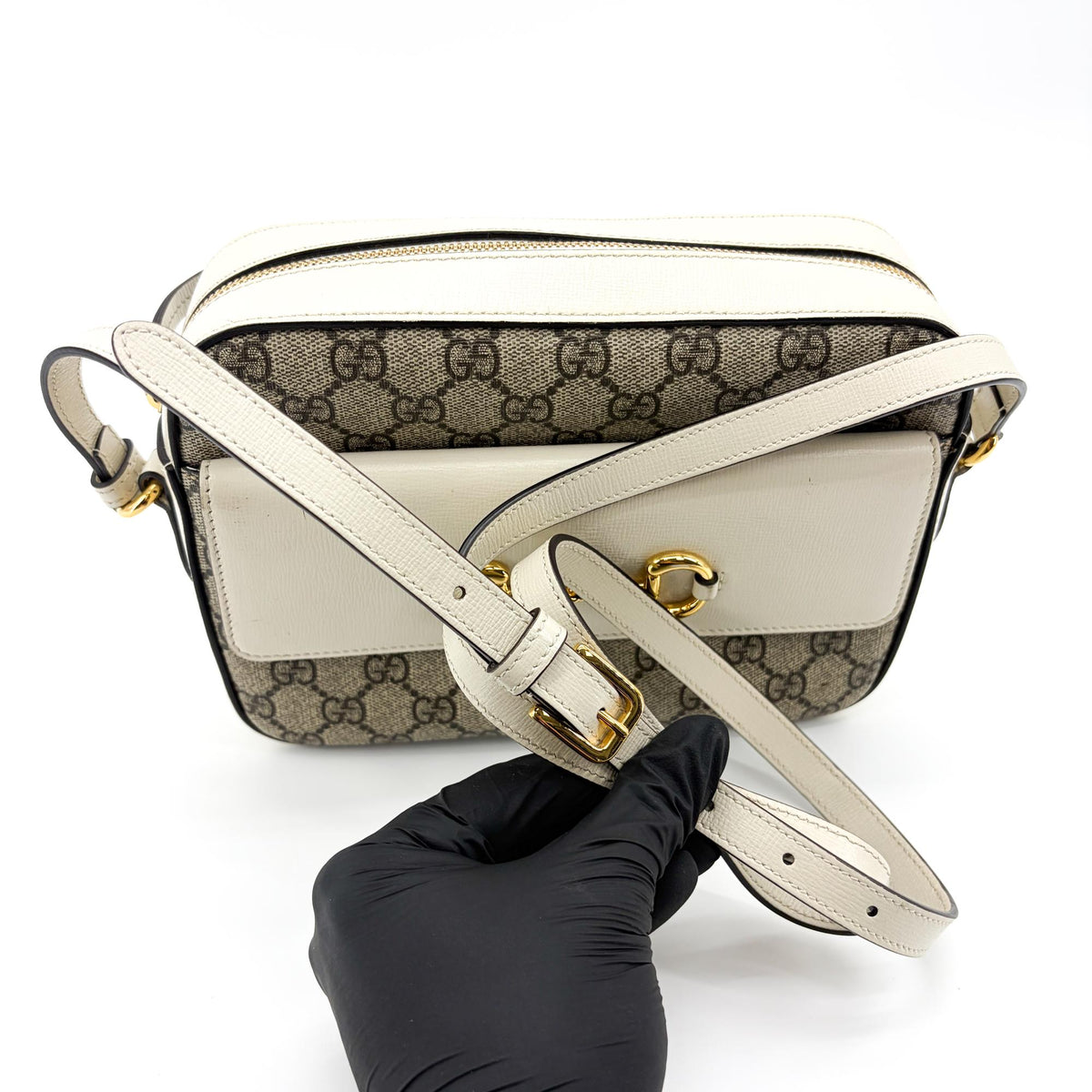 Gucci Horsebit 1955 Flap Pocket Camera Gg Coated Canvas And Leather Beige Canvas Shoulder Bag Bag (Pre-Owned)