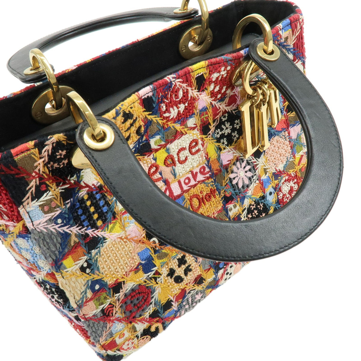 Christian Dior Lady Dior Embroidered Canvas Multicolour Beads Handbag (Pre-Owned)