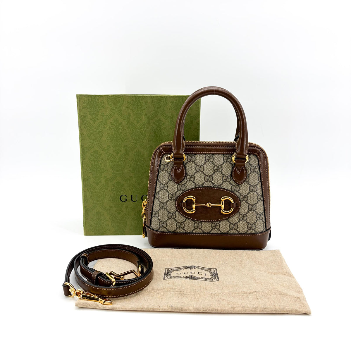 Gucci Horsebit 1955 Top Handle Gg Coated Canvas With Leather Brown Canvas Handbag (Pre-Owned)