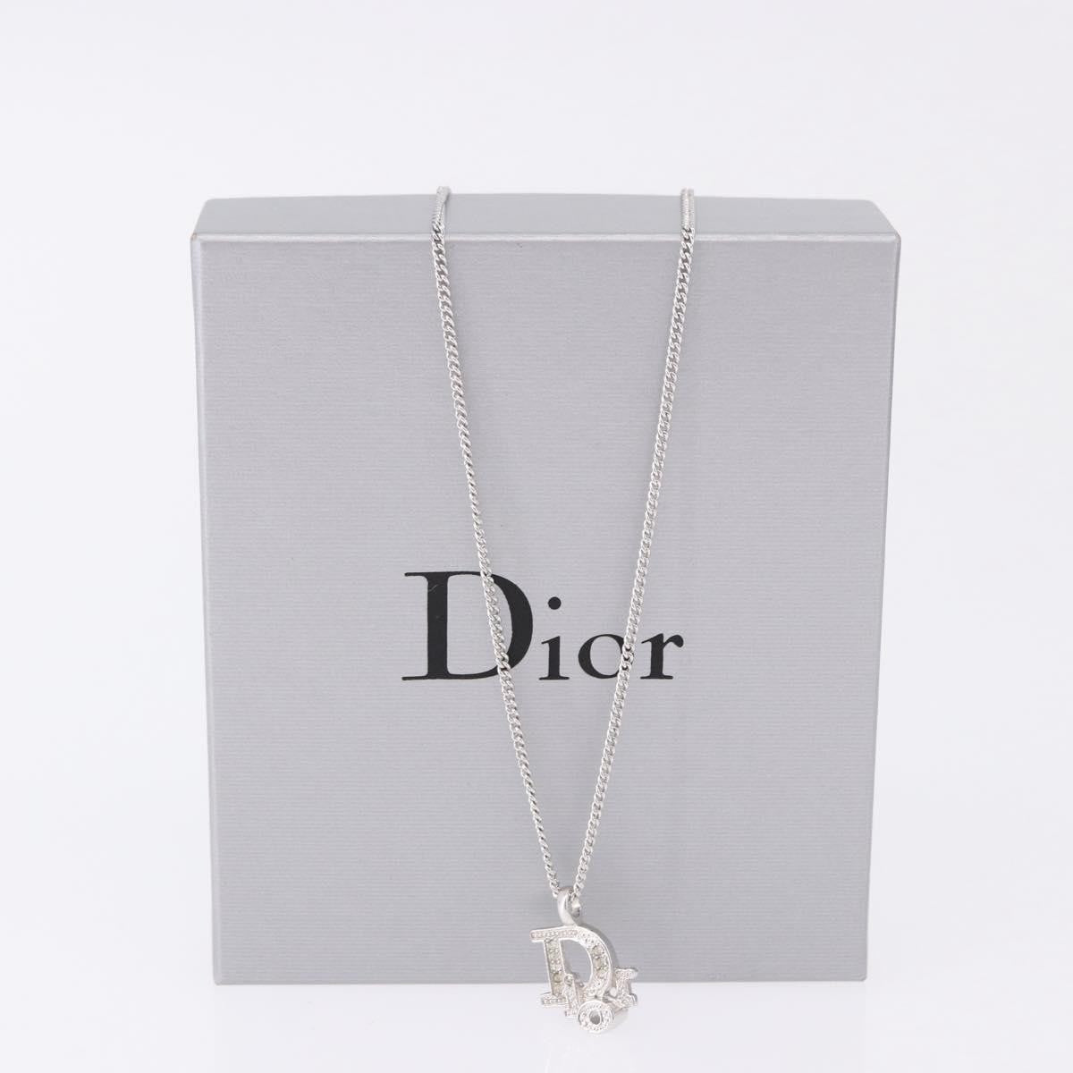 Christian Dior Vintage Dior Logo Metal And Crystal Silver Metal Necklace Jewelry (Pre-Owned)