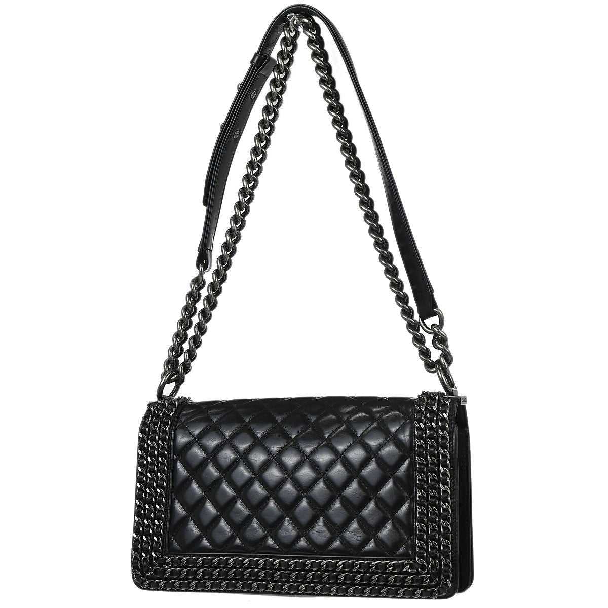 Chanel Boy Flap Quilted Glazed Calfskin Black Leather Handbag (Pre-Owned)