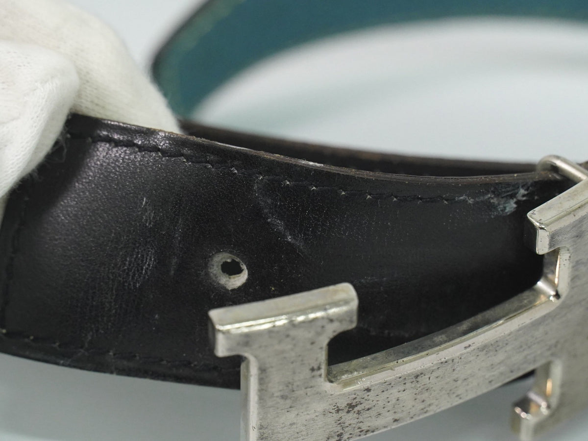 Hermes Constance Reversible Belt Leather With Guilloche Hardware Black Leather Belts Accessory (Pre-Owned)