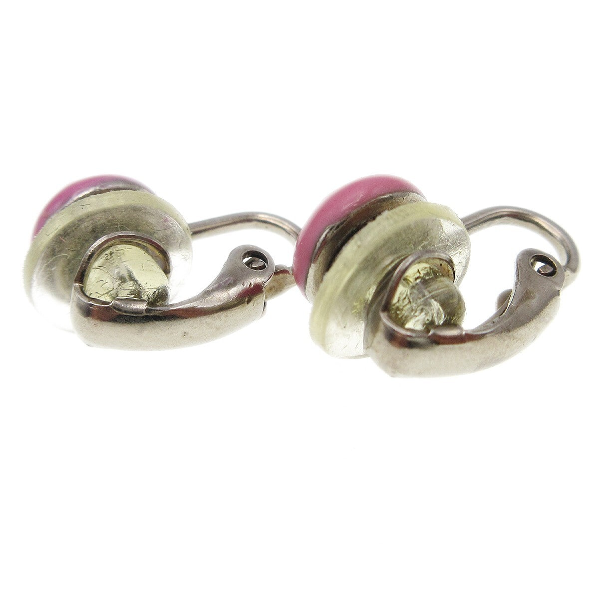 Chanel Cc Round Clip-On Enamel With Metal Pink Plastic Earrings Jewelry (Pre-Owned)