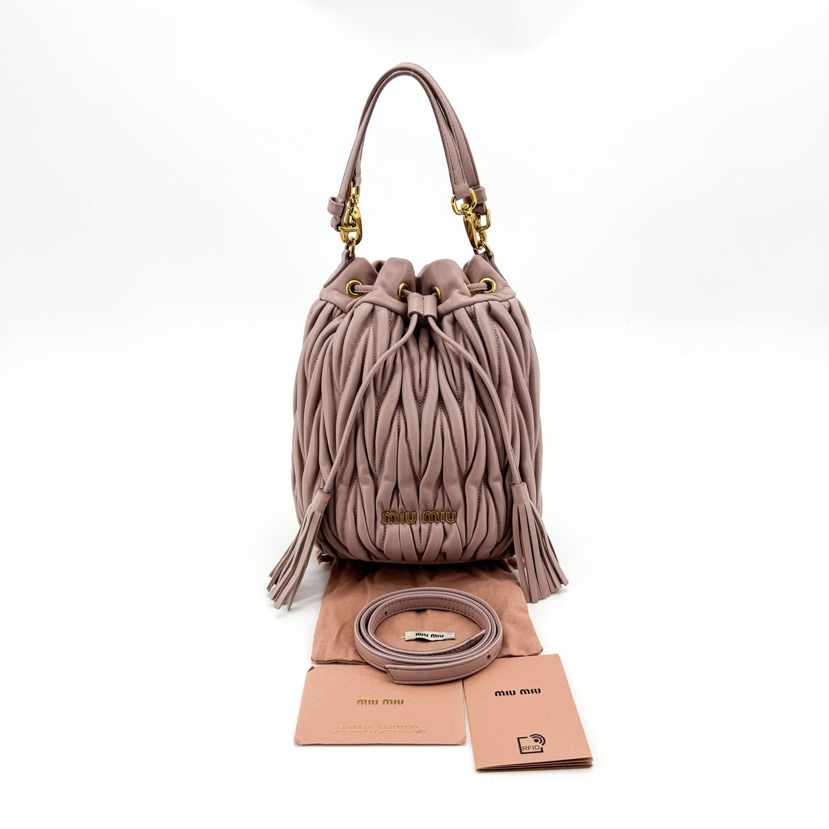 Miu Miu Drawstring Bucket Matelasse Leather Pink Leather Handbag (Pre-Owned)
