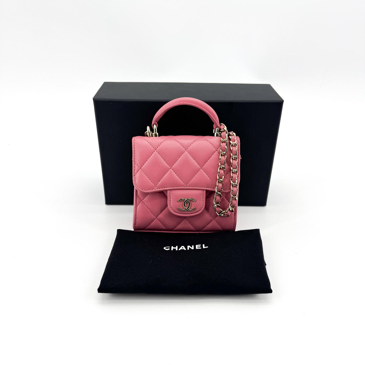 Chanel Square Classic Flap Top Handle Clutch With Chain Quilted Lambskin Pink Leather Clutche & Pouche Bag (Pre-Owned)
