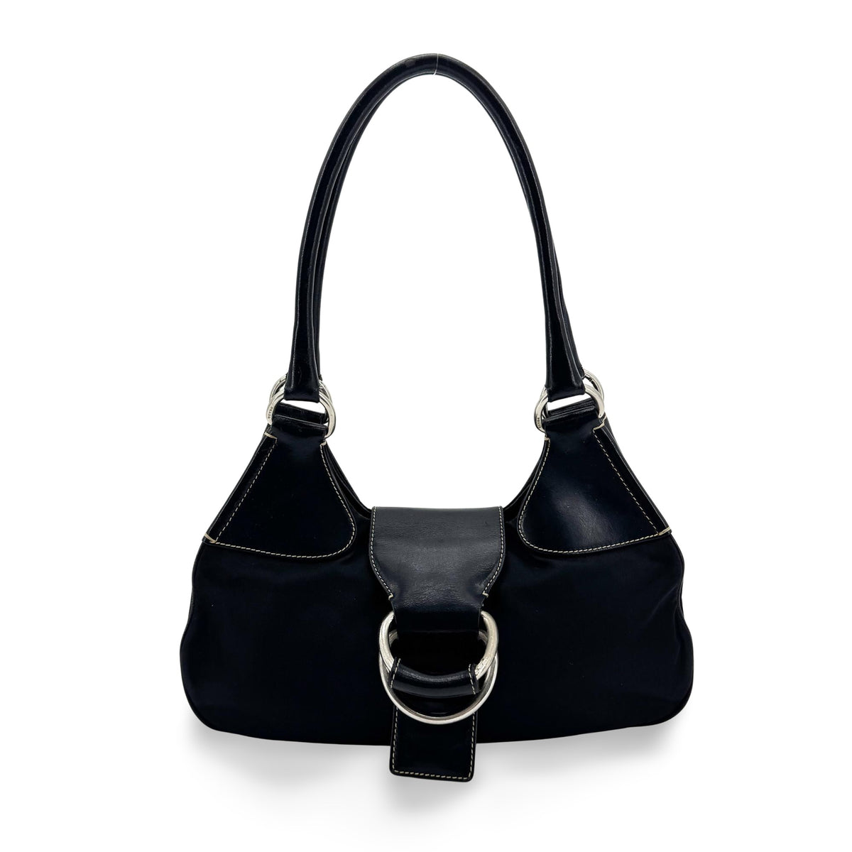 Prada Shoulder Bag Leather Black Nylon Shoulder Bag Bag (Pre-Owned)