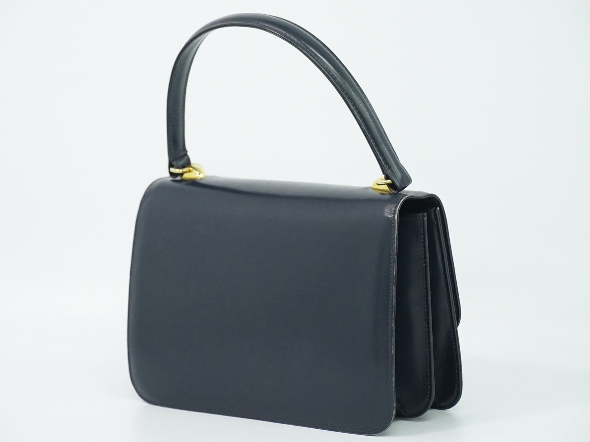 Gucci Vintage Top Handle Flap Leather With Chain Detail Navy Leather Handbag (Pre-Owned)