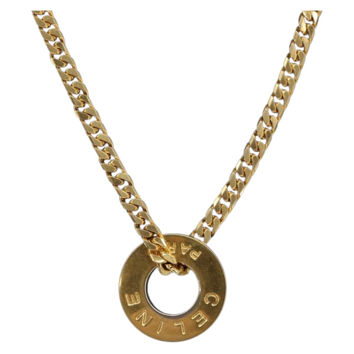 Celine Vintage Logo Circle Pendant Metal Gold Metal Necklace Jewelry (Pre-Owned)