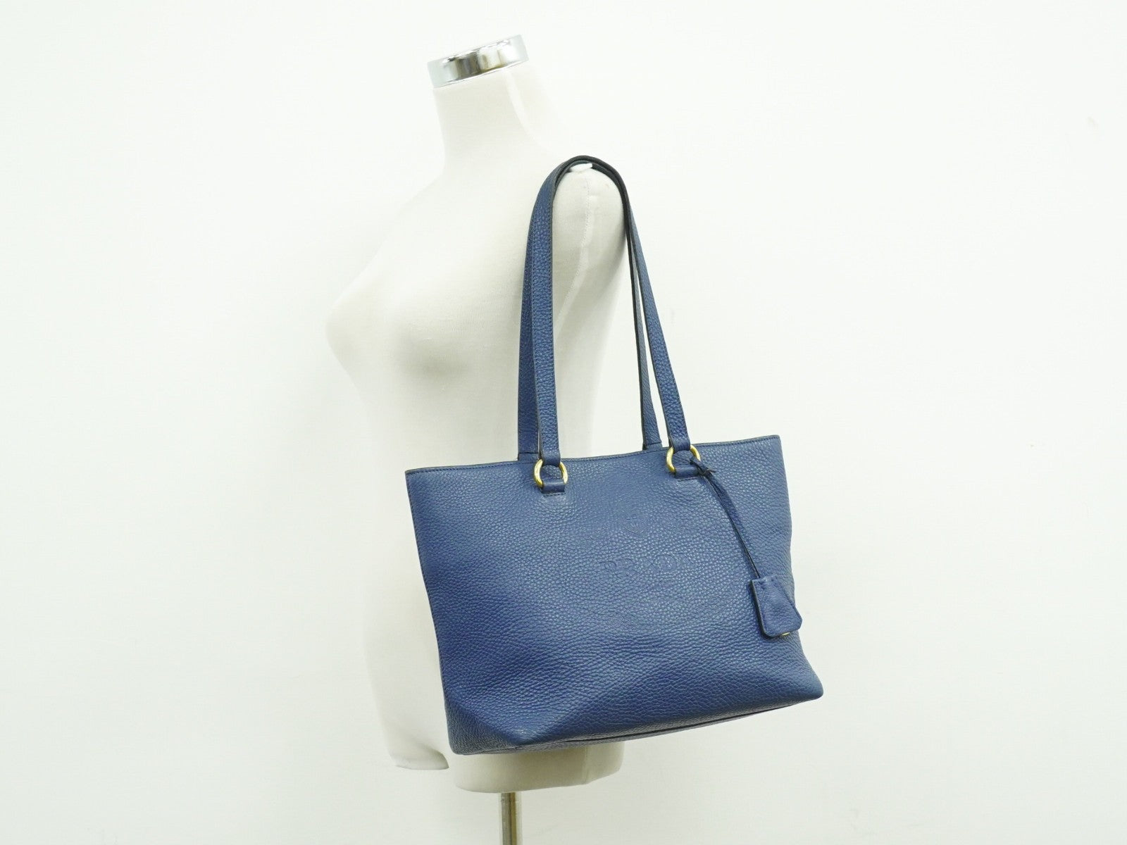 Prada Embossed Logo Open Tote Leather Blue Leather Tote Bag Bag (Pre-Owned)