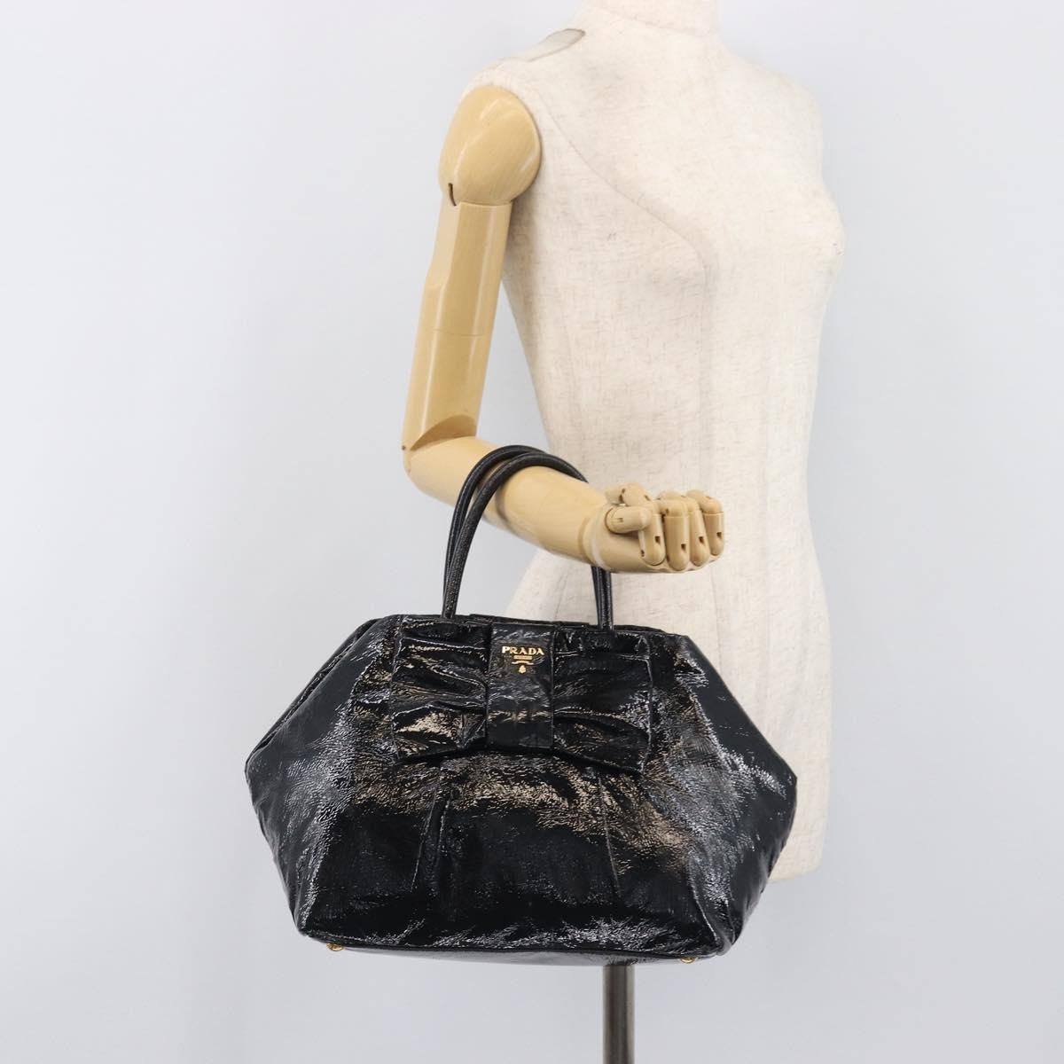 Prada Bow Top Handle Patent Leather Black Patent_Leather Handbag (Pre-Owned)