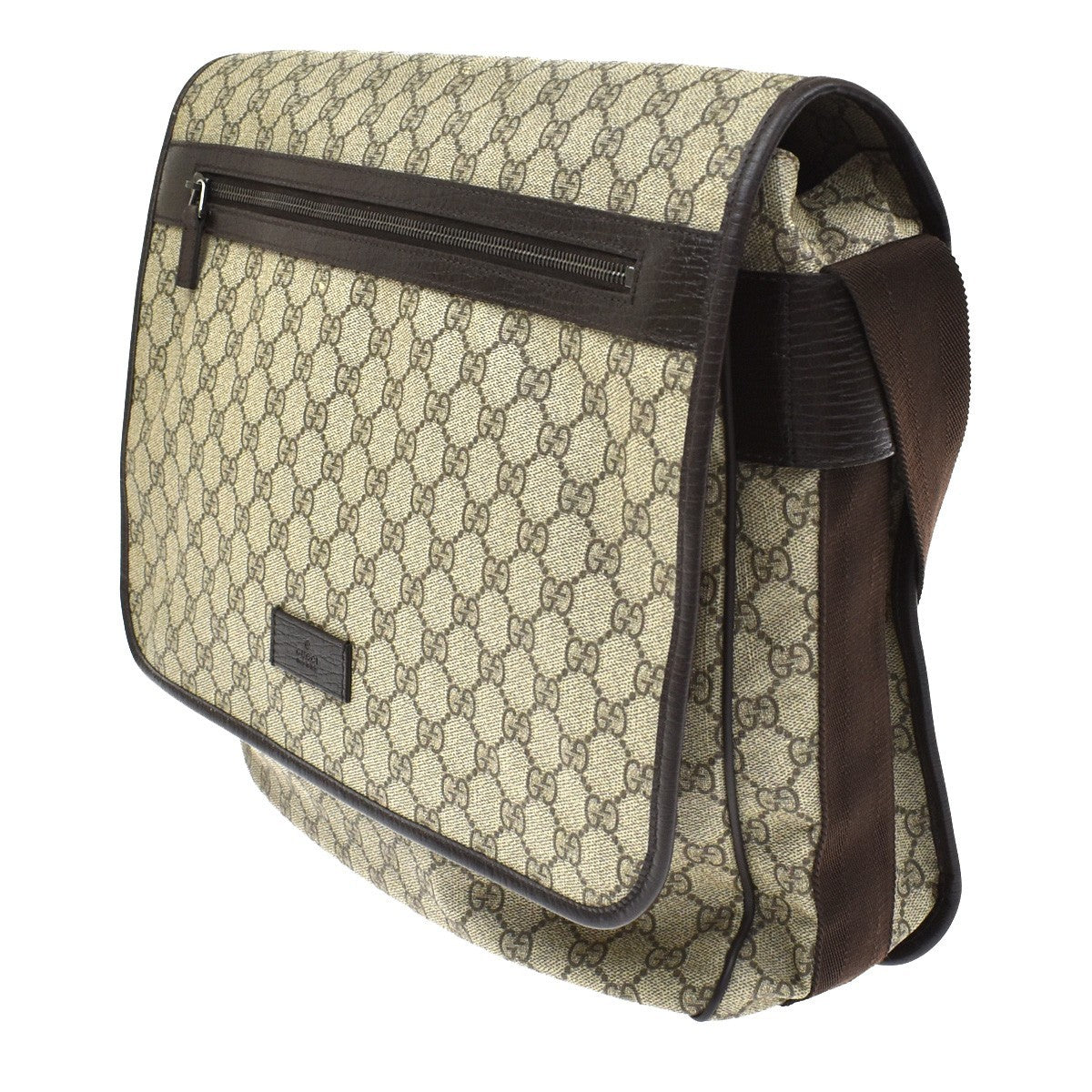 Gucci Web Strap Messenger Gg Coated Canvas Brown Leather Handbag (Pre-Owned)