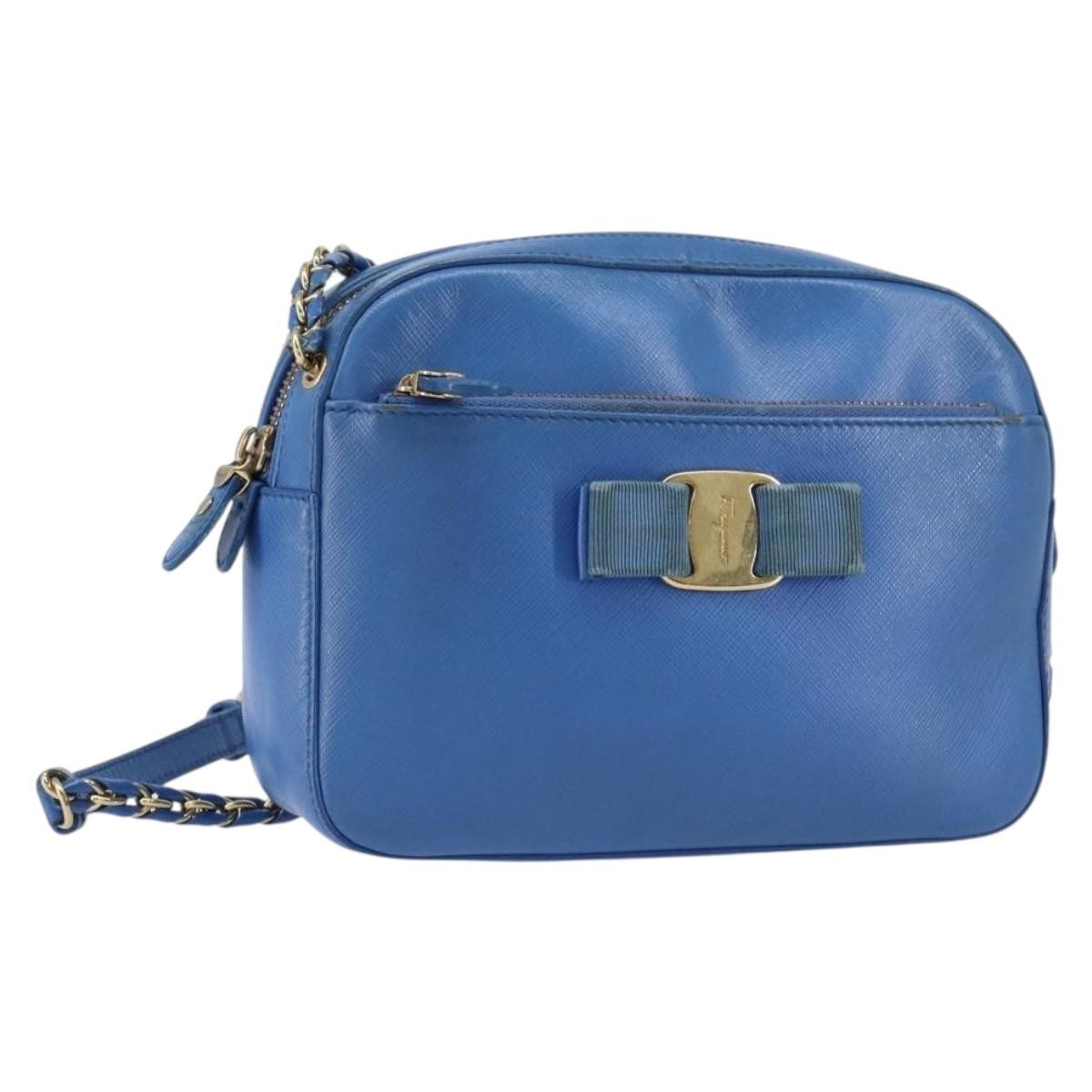 Salvatore Ferragamo Vala Chain Leather Blue Leather Shoulder Bag Bag (Pre-Owned)