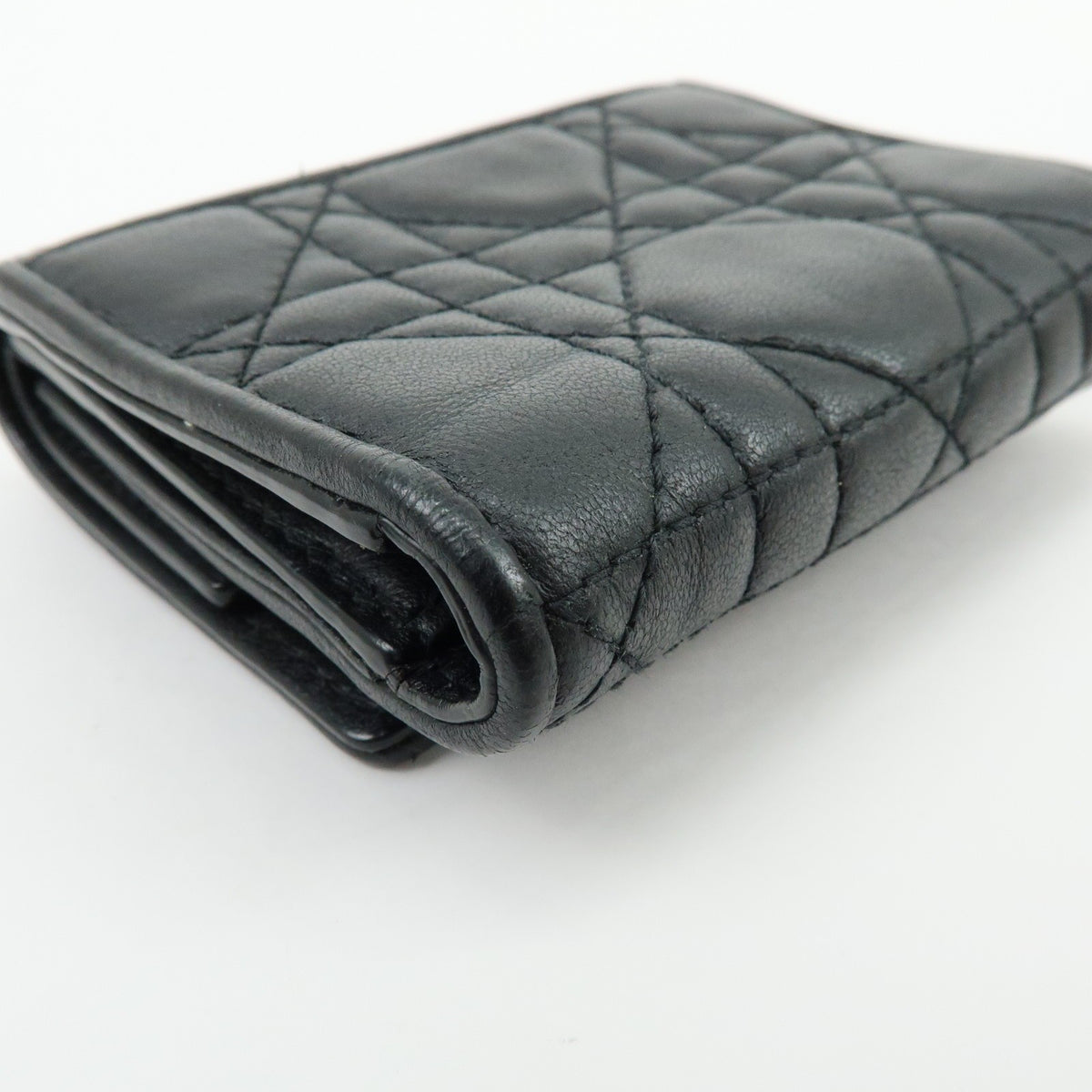 Christian Dior Lady Dior Lotus Cannage Quilt Lambskin Black Leather Wallets Accessory (Pre-Owned)