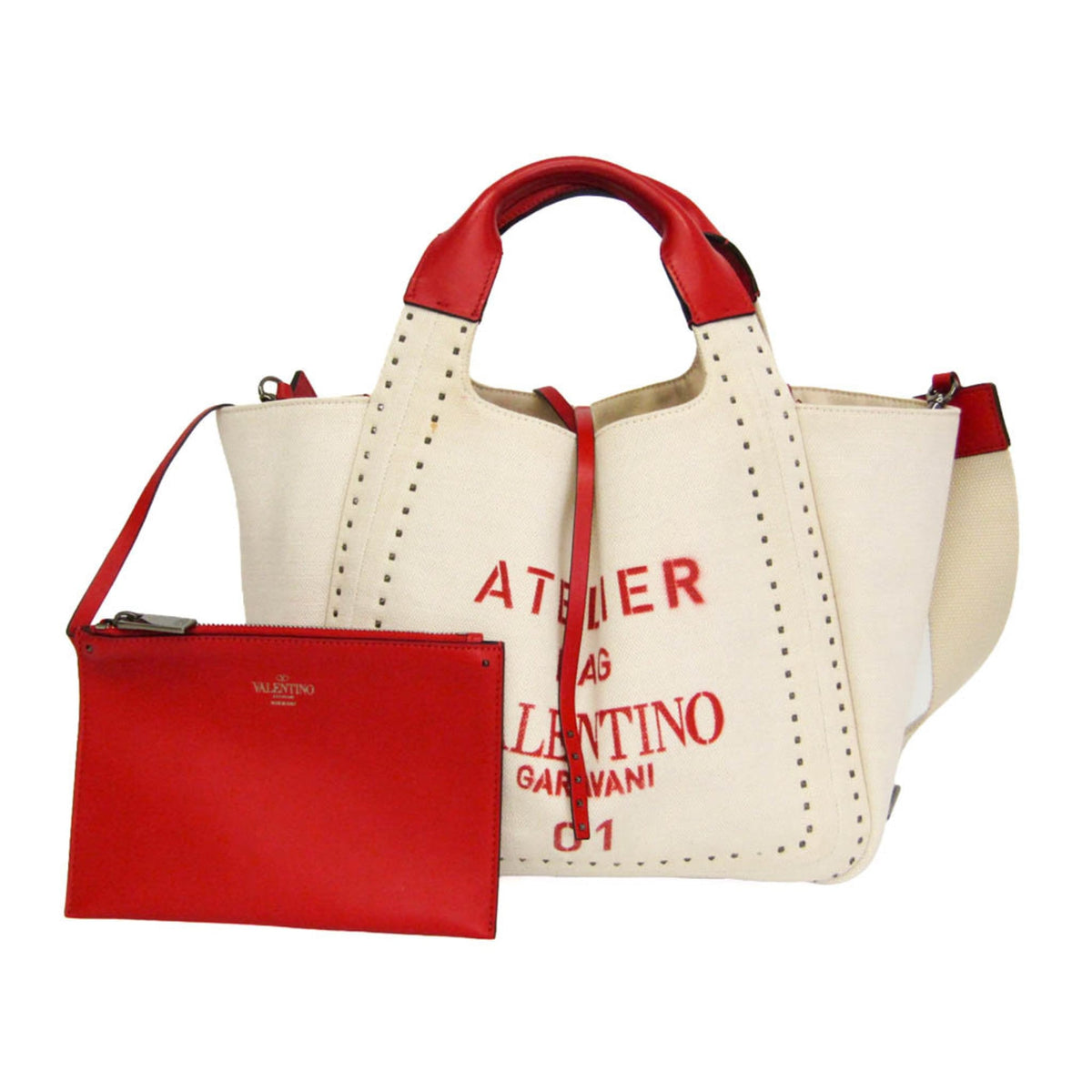 Valentino Garavani Atelier 01 Studded Canvas Red Canvas Tote Bag Bag (Pre-Owned)