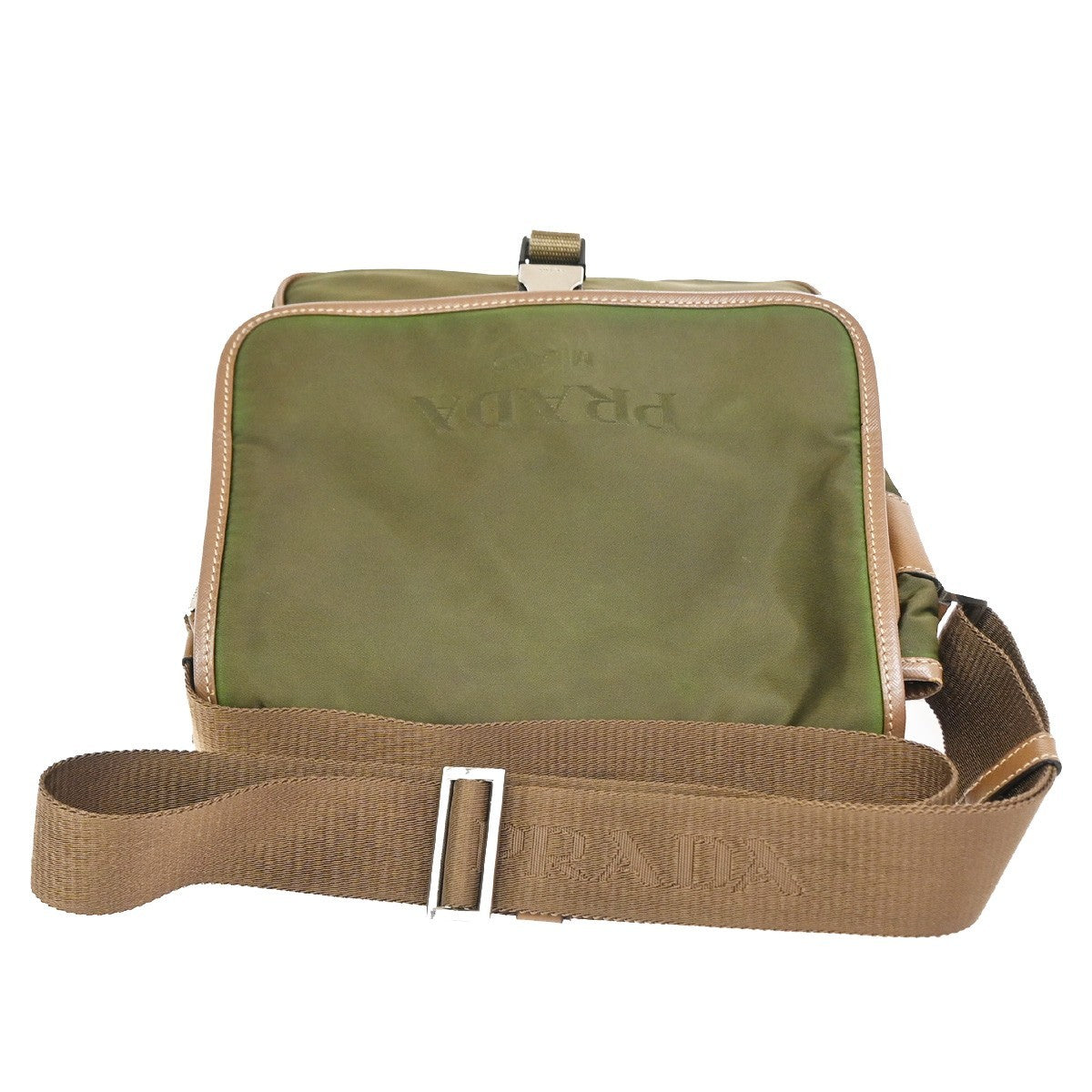 Prada Logo Buckle Messenger Nylon Khaki Nylon Handbag (Pre-Owned)
