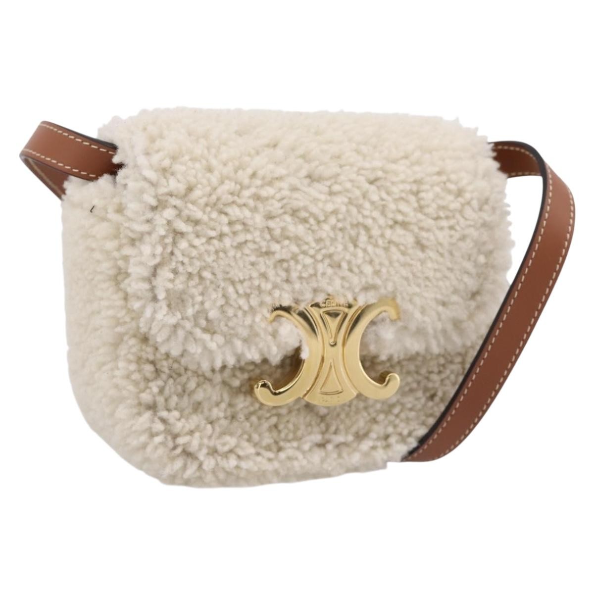 Celine Triomphe Shoulder Shearling Beige Wool Handbag (Pre-Owned)
