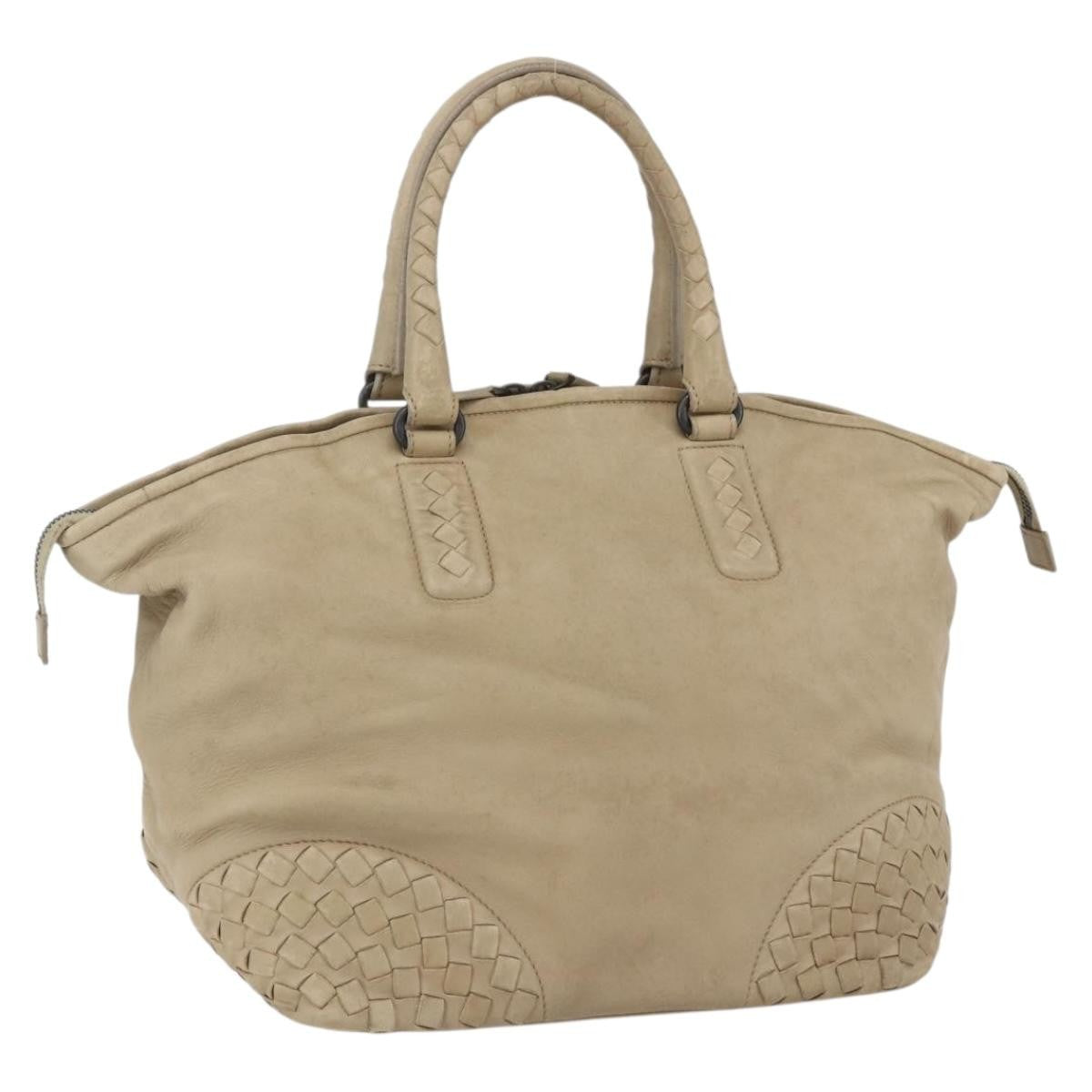 Bottega Veneta Zip Top Leather With Intrecciato Detail Beige Leather Tote Bag Bag (Pre-Owned)