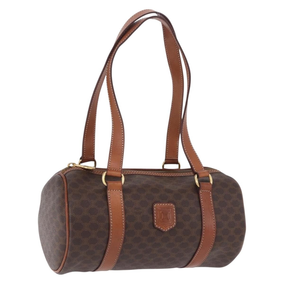 Celine Vintage Barrel Macadam Canvas & Leather Brown Pvc Handbag (Pre-Owned)