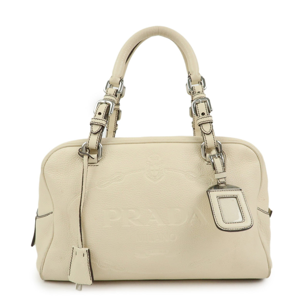 Prada Embossed Logo Bauletto Vitello Daino Beige Leather Handbag (Pre-Owned)