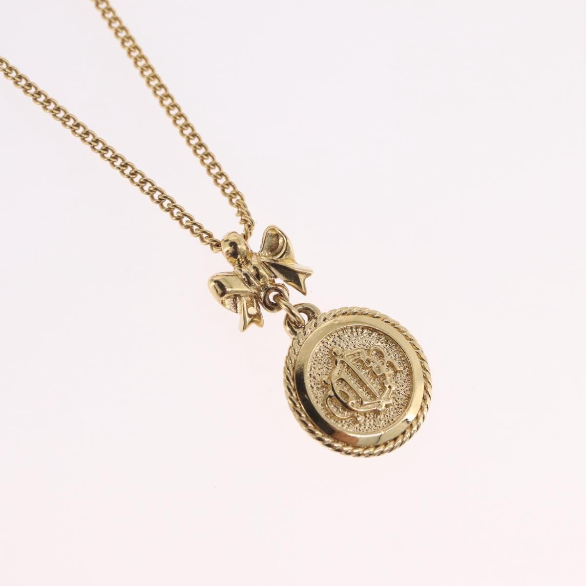 Christian Dior Round Logo Pendant Metal With Crystal Gold Metal Necklace Jewelry (Pre-Owned)