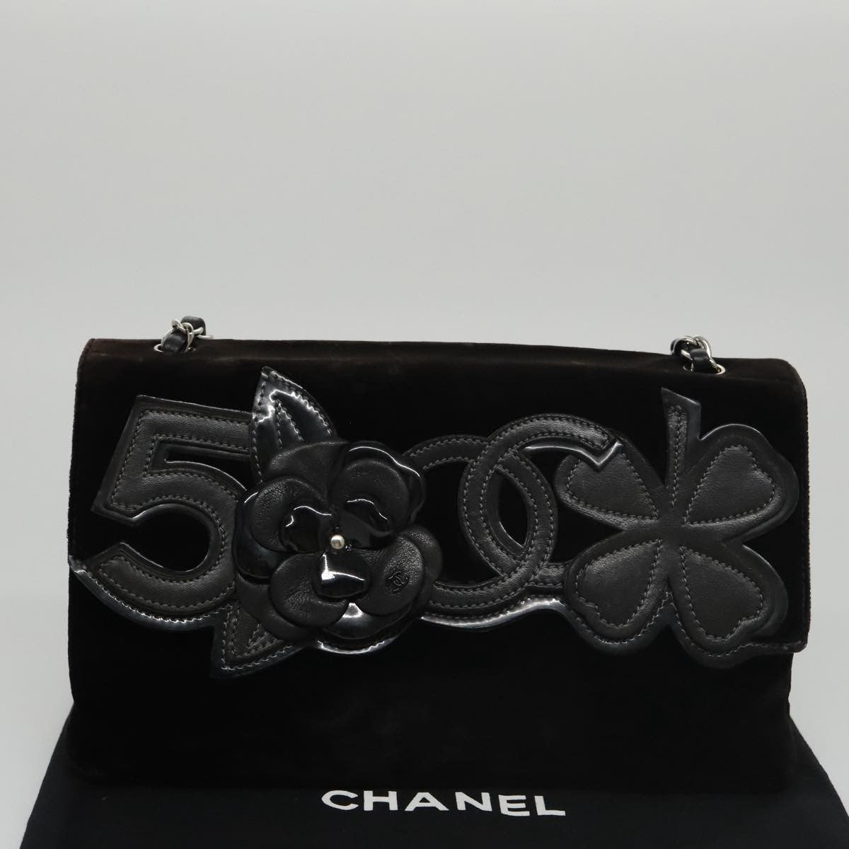 Chanel Camellia No.5 Chain Flap Velvet Black Velvet Shoulder Bag Bag (Pre-Owned)