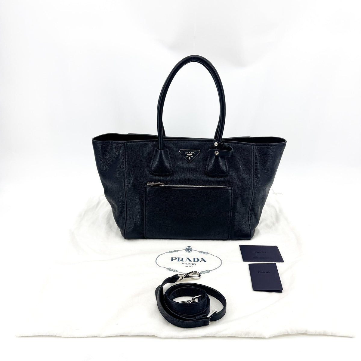 Prada Front Pocket Wing Convertible Vitello Phenix Black Leather Tote Bag Bag (Pre-Owned)
