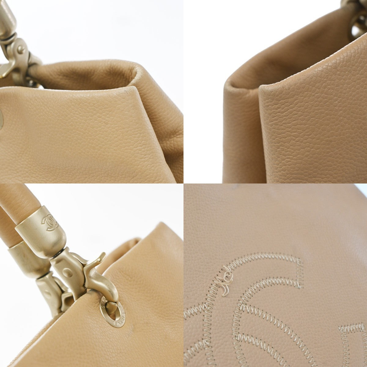 Chanel Vintage Handle Cc Caviar Beige Leather Tote Bag Bag (Pre-Owned)