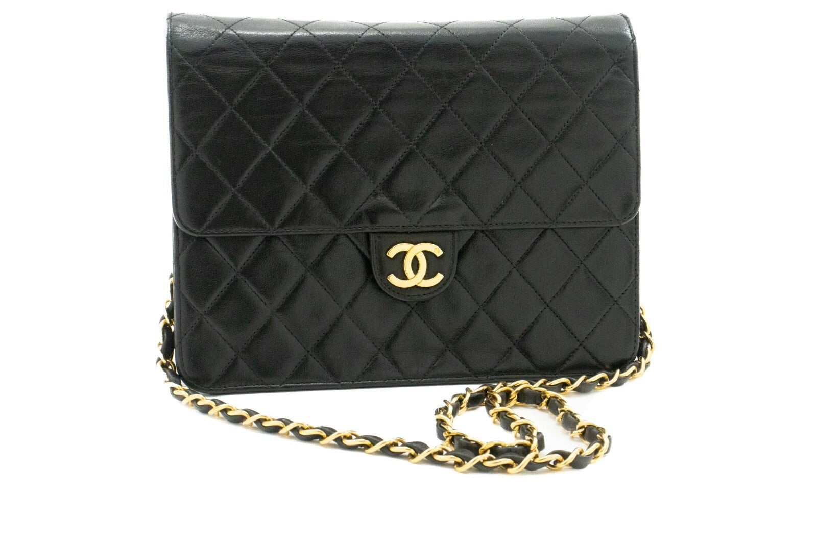 Chanel Vintage Full Flap Quilted Lambskin Black Leather Shoulder Bag Bag (Pre-Owned)